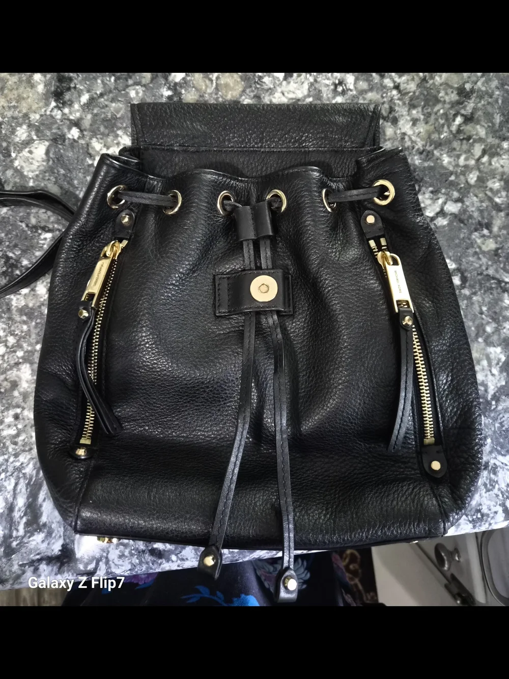 Michael Kors Black Pebbled Leather Backpack with Gold MK Logo